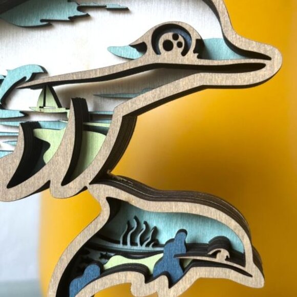 Breaching Dolphin and Calf Coastal Ocean Tropical Wooden Wood 3D Figure Diorama - Picture 5 of 6